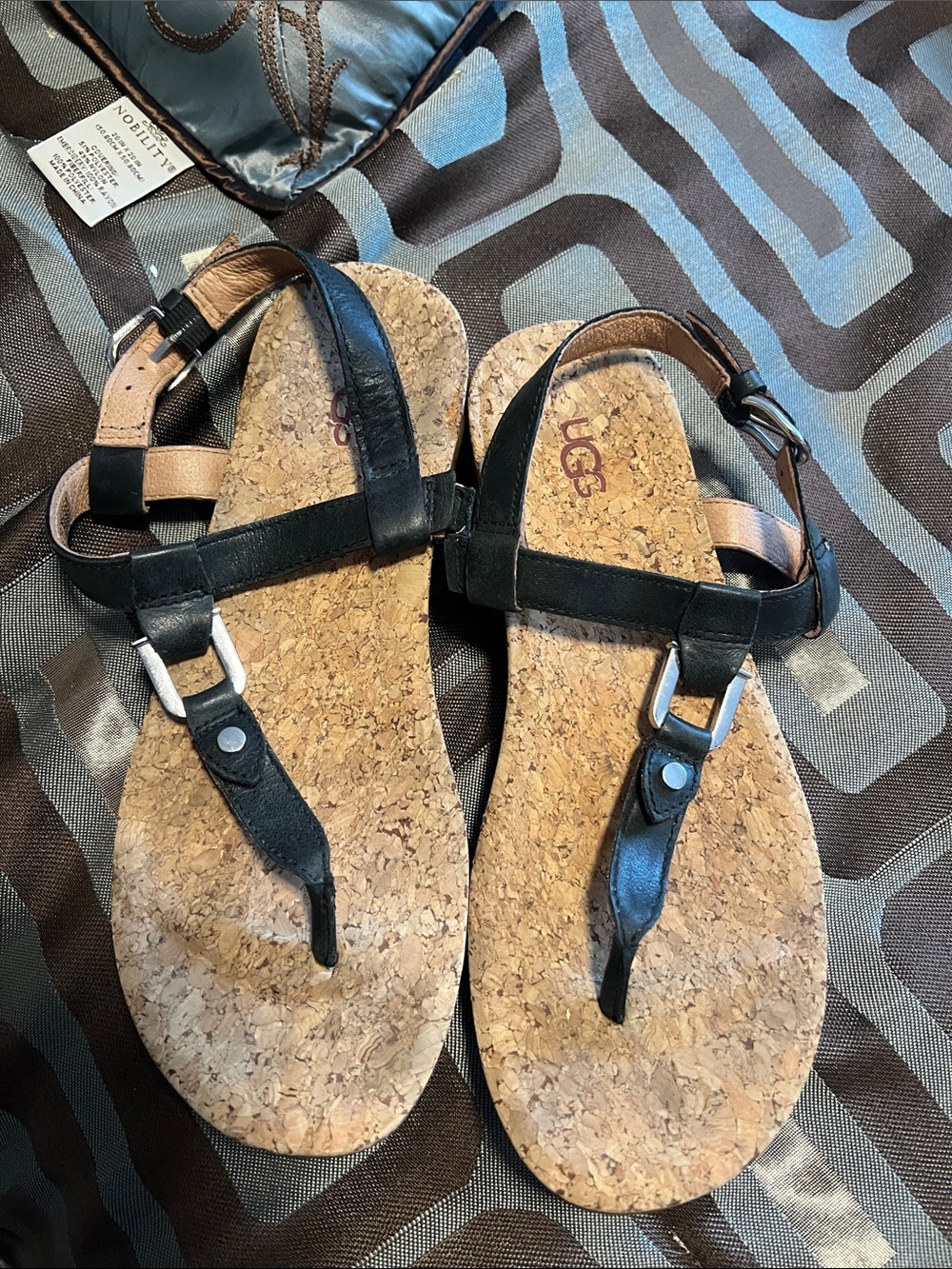 UGG Black Leather Cork Footbed T-Strap Sandals